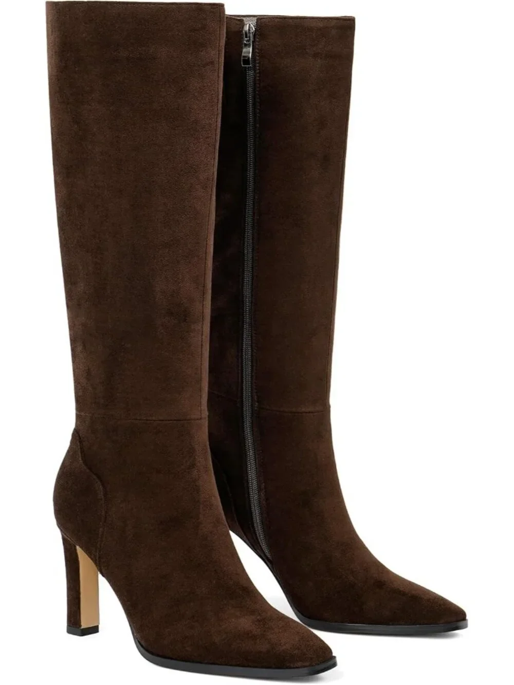 Women's Chocolate Faux Suede Pointed Square Toe Chunky Heel Knee High Boots